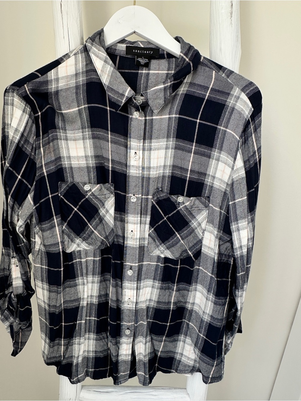 Sanctuary Women’s Navy & White Plaid Button-Up Roll Tab Shirt Size Large